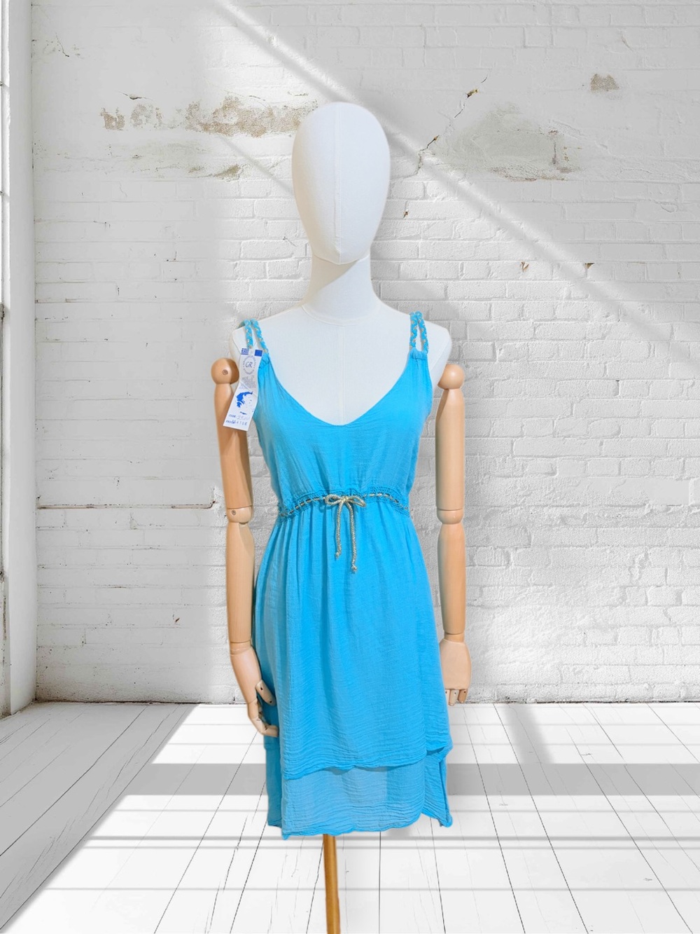 Grigorpoulou AthanasiaWomen’s Blue Sleeveless Rope Straps Tie-Waist Greek Dress